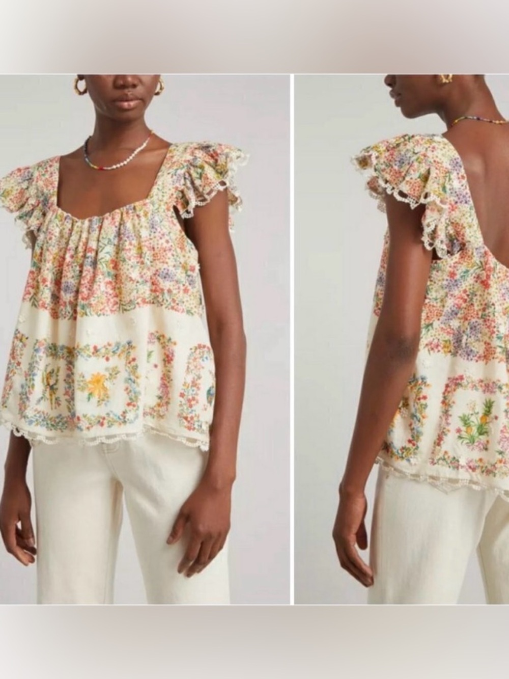 Farm Rio Cream Floral Ruffle-Sleeve Top - Picture 5 of 8